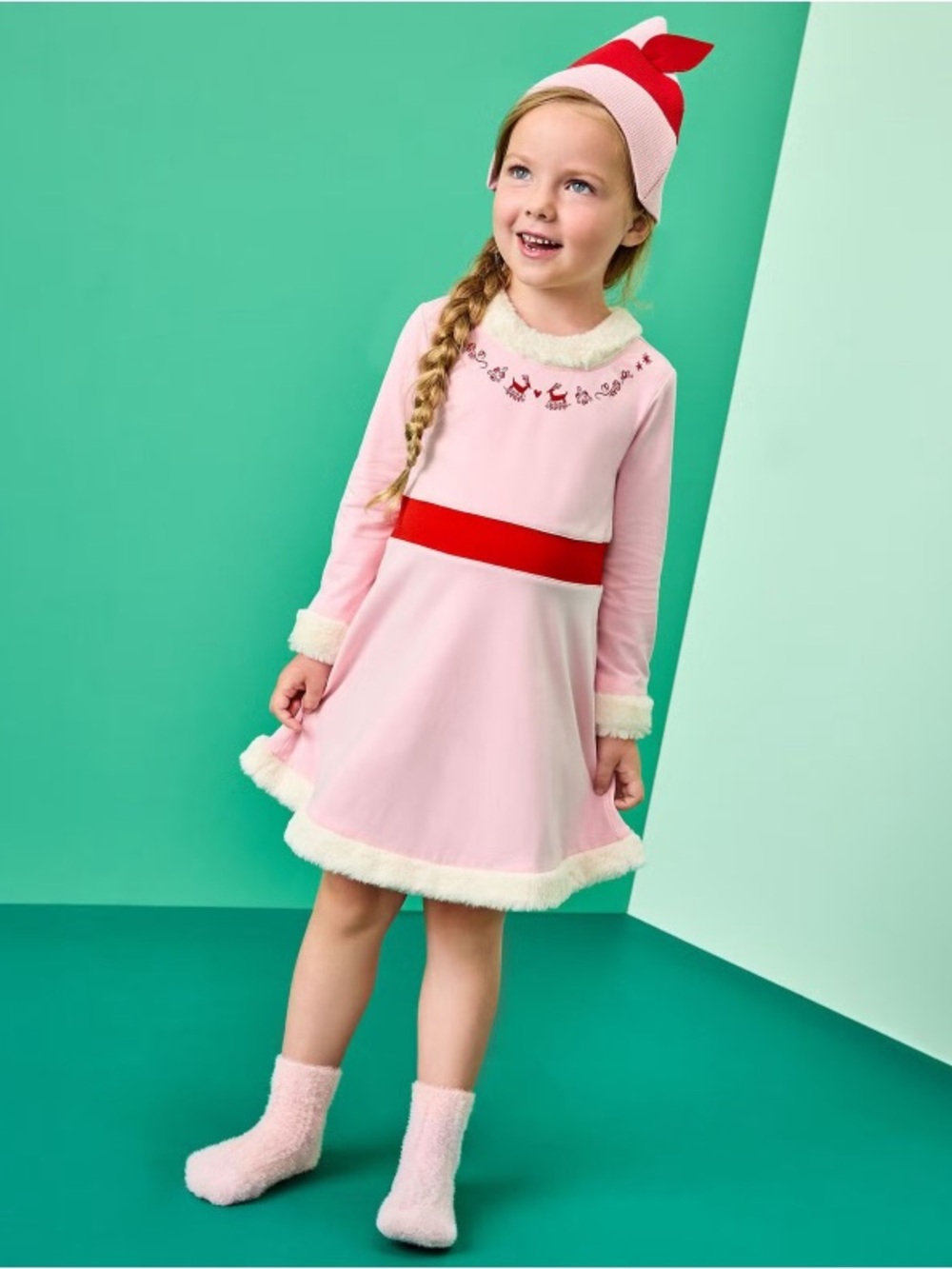 Hanna Andersson Pink Dress with Red Waistband and Cream Trim